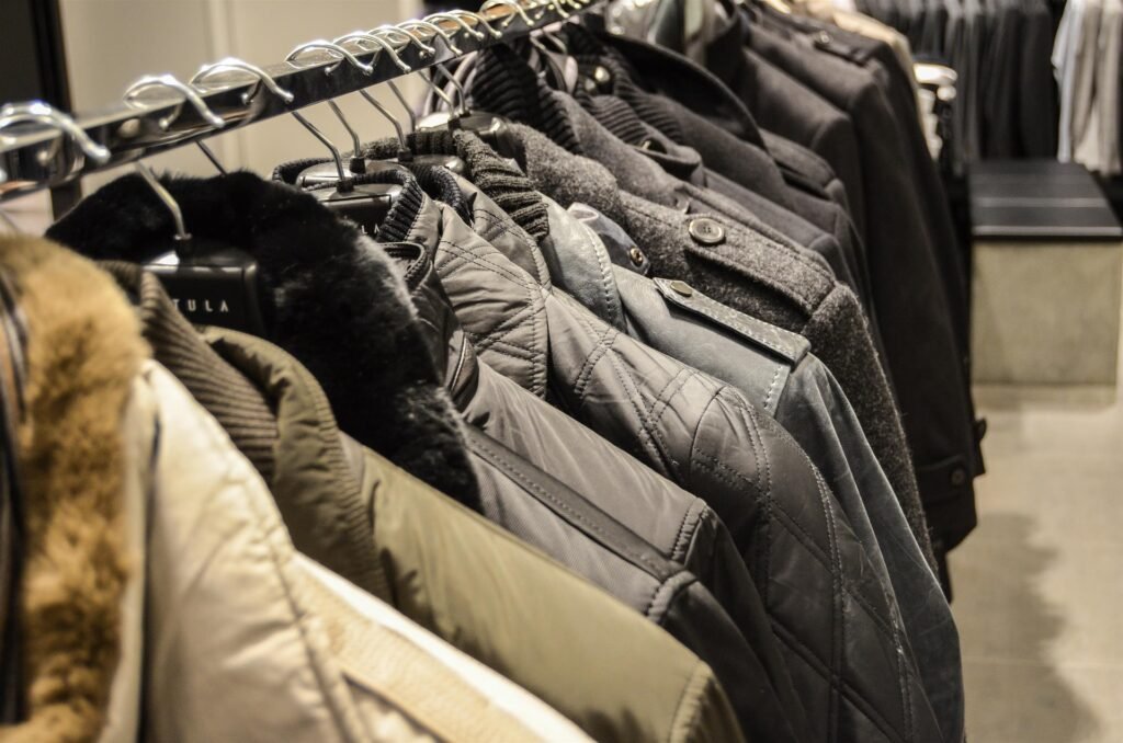 clothing rack, jackets on hanger